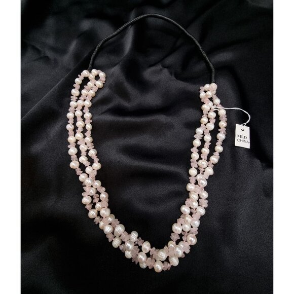 MLD Signed Freshwater Pearl & Rose Quartz Triple Strand Necklace - Picture 4 of 5
